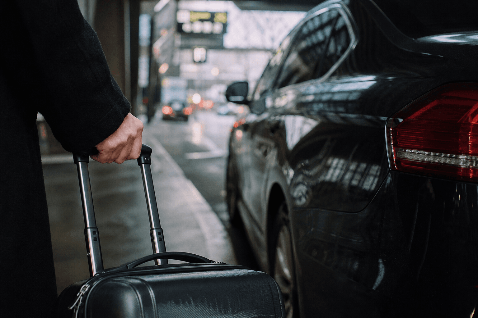 Main tirant une valise cabine vers une berline anthracite devant un hall d'aéroport