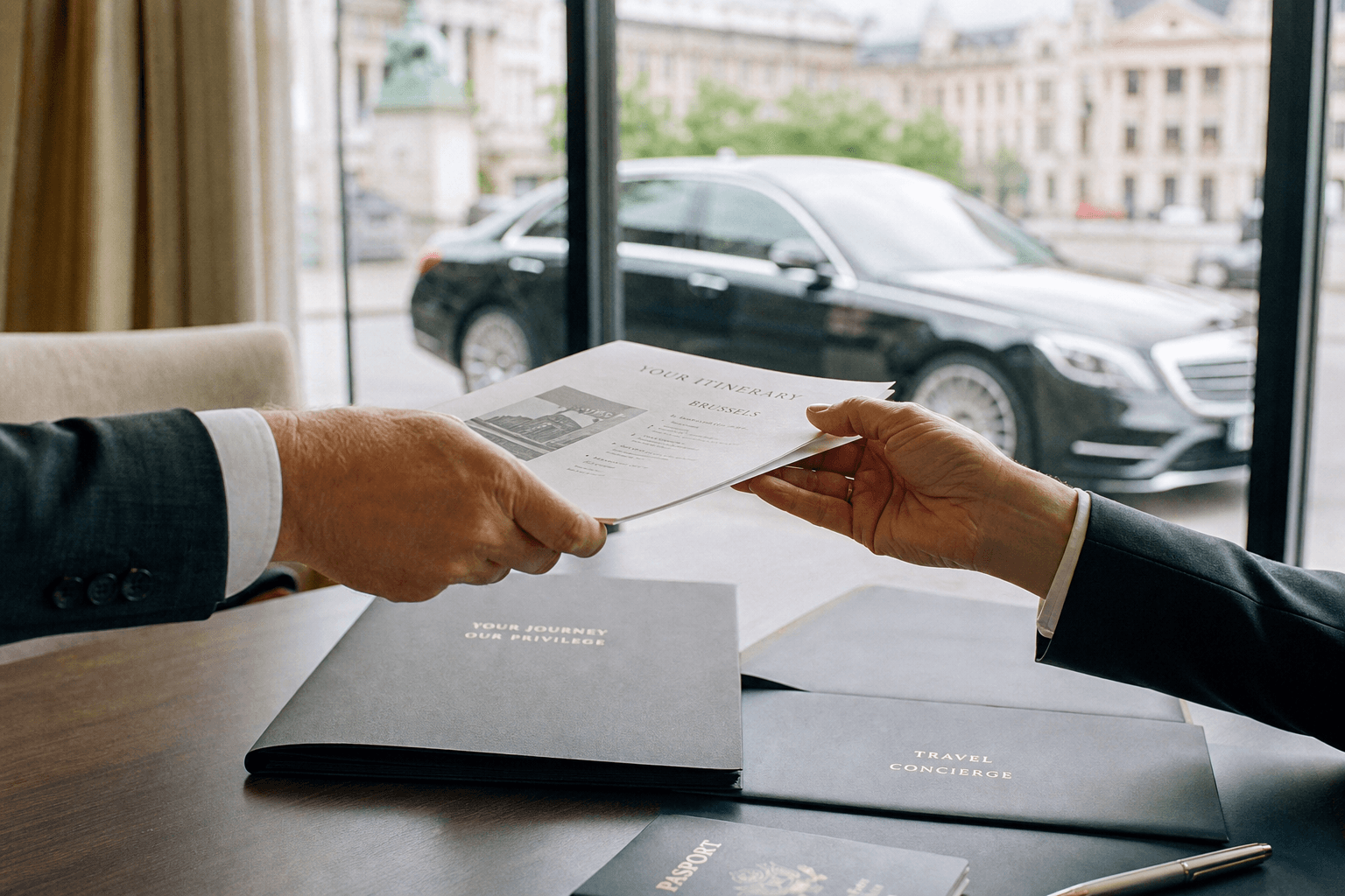Mains échangeant des documents d'itinéraire près d'une fenêtre, berline premium floue à l'extérieur